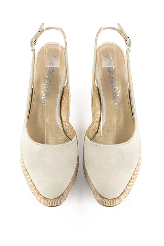 Off white women's slingback shoes. Round toe. Very high wedge soles. Top view - Florence KOOIJMAN